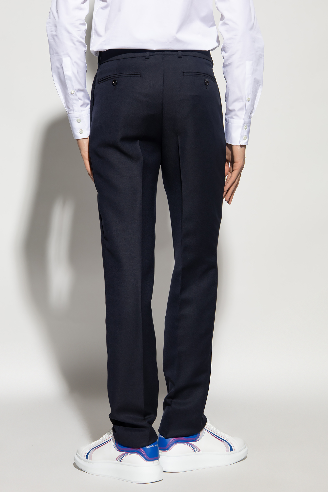 パンツ alexander mcqueen Alexander McQueen Trousers Blue Alexander McQueen Wide navy blue wool trousers | TheDoubleF